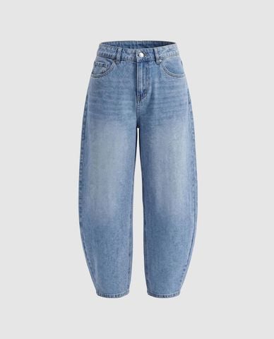  URBAN REVIVO - Quần jeans nữ ống rộng wash bạc dáng cong 