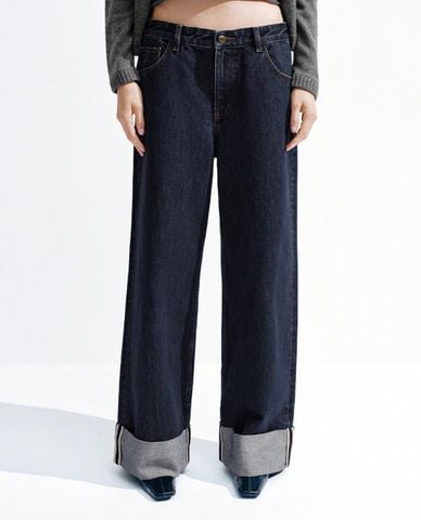  URBAN REVIVO - Quần jeans nữ ống rộng xắn gấu 