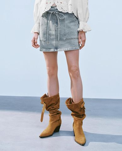  URBAN REVIVO - Chân váy denim mini phối dây rút 