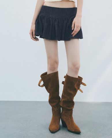  URBAN REVIVO - Chân váy denim mini phối nơ nữ tính 