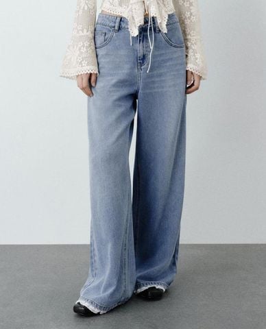  URBAN REVIVO - Quần jeans nữ ống rộng wash bạc 