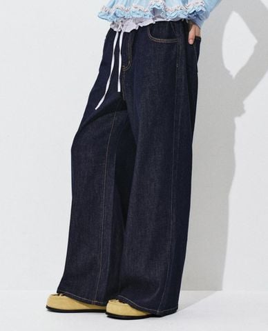  URBAN REVIVO - Quần jeans nữ ống rộng phối dây rút 