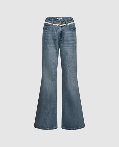  URBAN REVIVO - Quần jeans nữ ống loe viền ren 