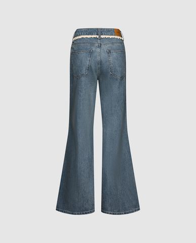  URBAN REVIVO - Quần jeans nữ ống loe viền ren 