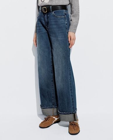  URBAN REVIVO - Quần jeans nữ ống rộng phối thắt lưng 