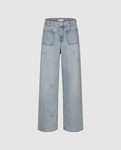  URBAN REVIVO - Quần jeans nữ ống rộng đính đá 