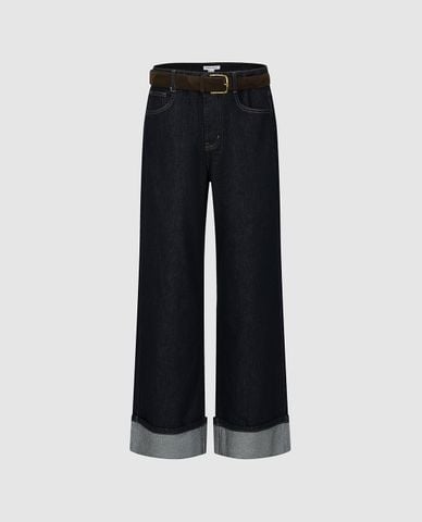  URBAN REVIVO - Quần jeans nữ ống rộng xắn gấu phối thắt lưng 