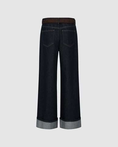  URBAN REVIVO - Quần jeans nữ ống rộng xắn gấu phối thắt lưng 