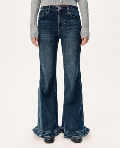  URBAN REVIVO - Quần jeans nữ ống loe phối bèo 