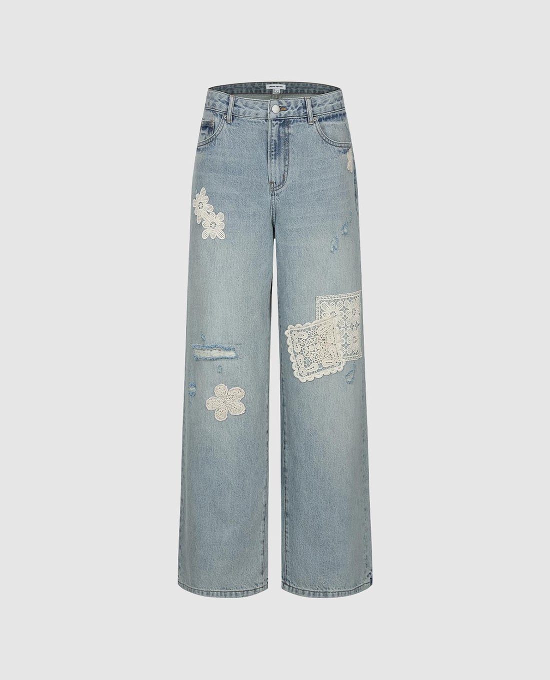 URBAN REVIVO - Quần jeans nữ ống rộng thêu hoa phối ren
