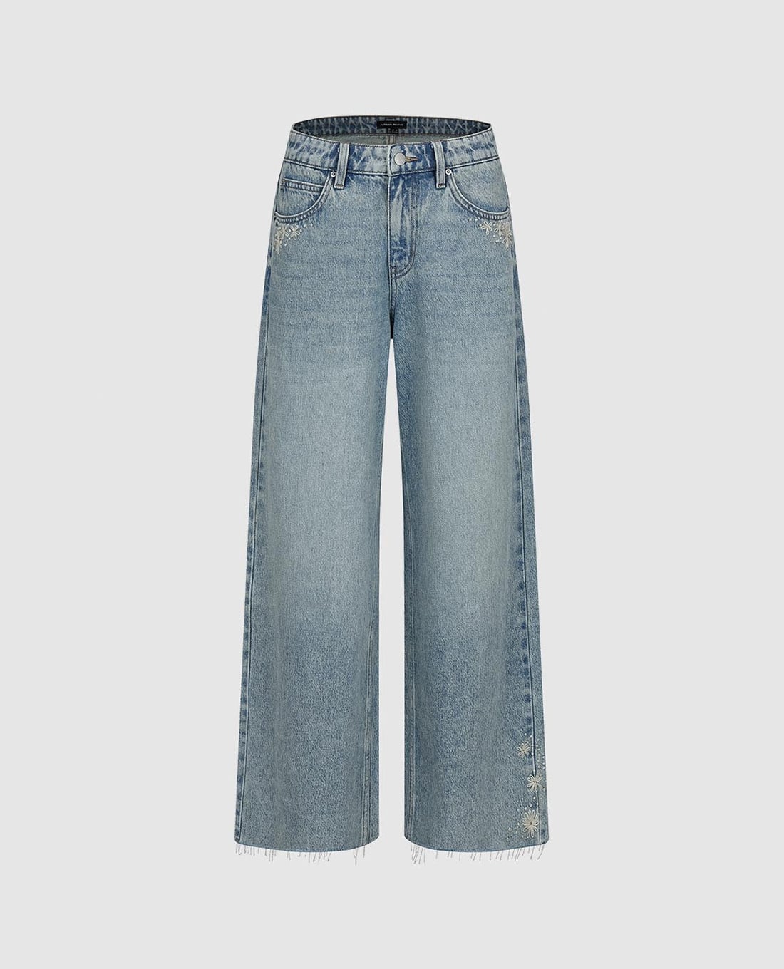 URBAN REVIVO - Quần jeans nữ ống rộng thêu hoa