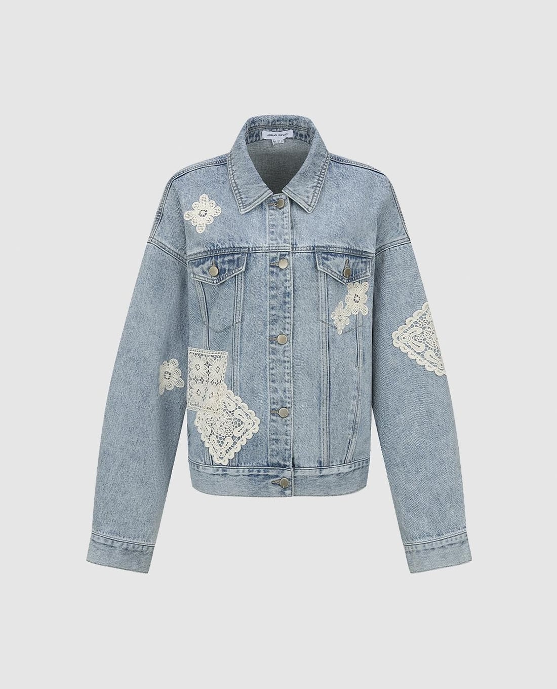 URBAN REVIVO - Áo khoác denim nữ cổ bẻ tay dài phối ren