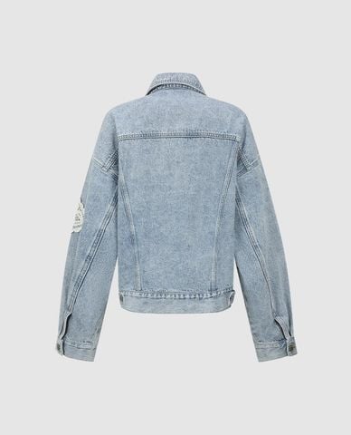  URBAN REVIVO - Áo khoác denim nữ cổ bẻ tay dài phối ren 