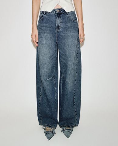  URBAN REVIVO - Quần jeans nữ ống rộng wash bạc 