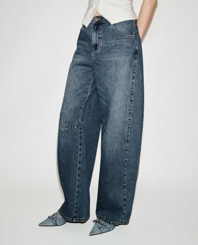  URBAN REVIVO - Quần jeans nữ ống rộng wash bạc 