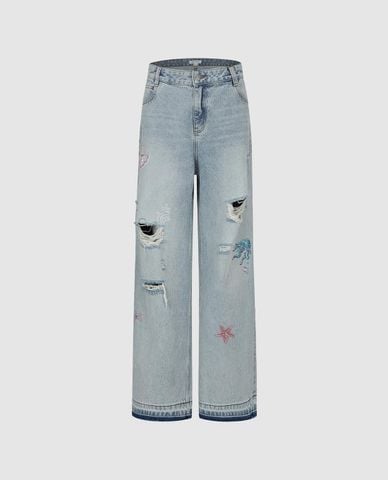  URBAN REVIVO - Quần jeans nữ ống rộng rách gối đính hạt 
