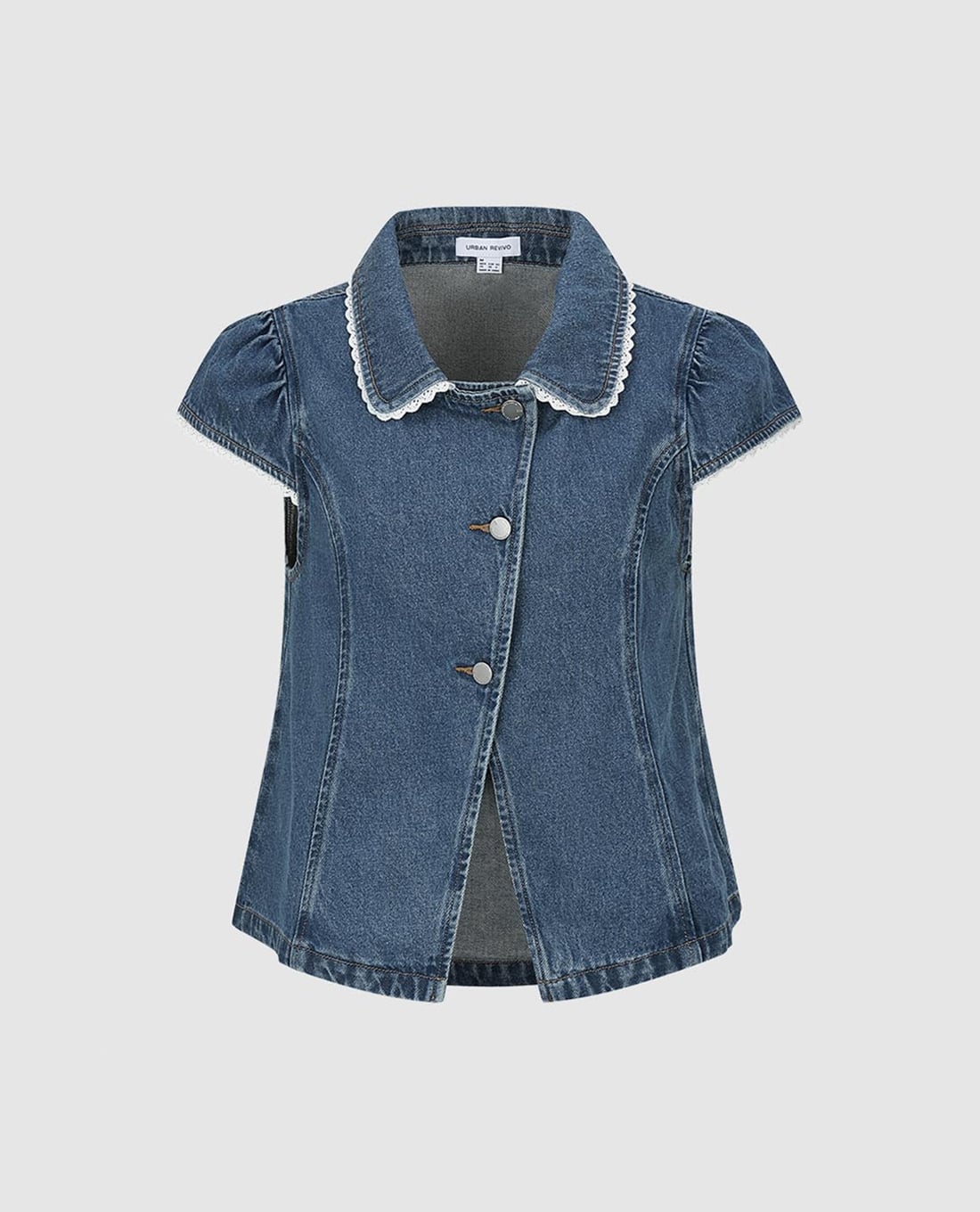 URBAN REVIVO - Áo sơ mi denim nữ tay ngắn phối ren