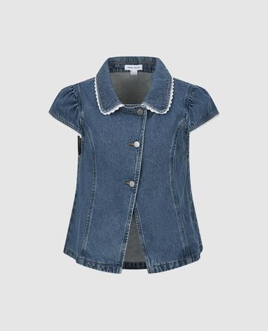  URBAN REVIVO - Áo sơ mi denim nữ tay ngắn phối ren 