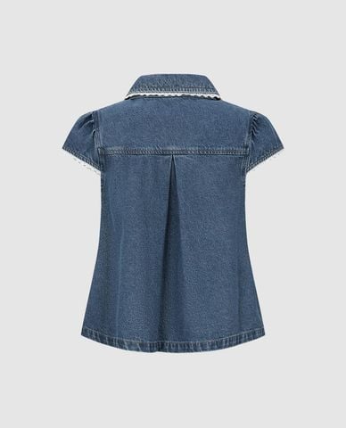  URBAN REVIVO - Áo sơ mi denim nữ tay ngắn phối ren 