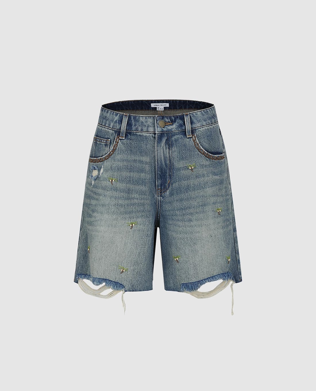 URBAN REVIVO - Quần short jeans nữ ống rộng đính hạt