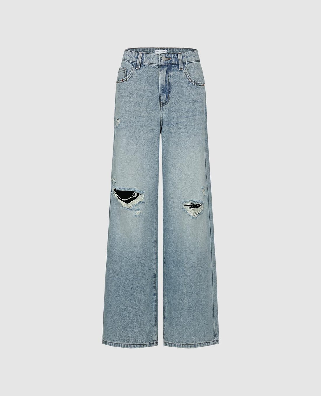 URBAN REVIVO - Quần jeans nữ ống rộng wash bạc rách gối