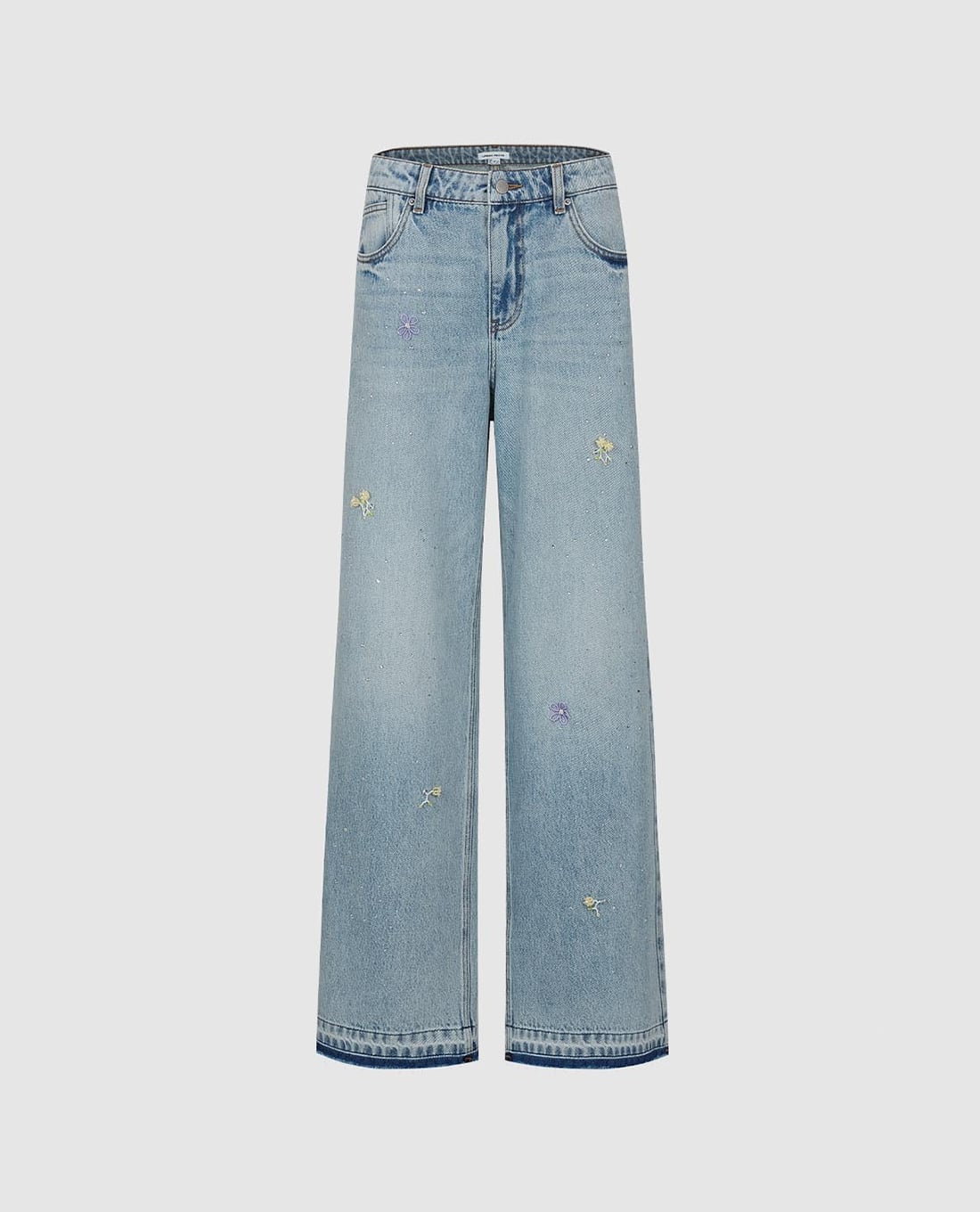 URBAN REVIVO - Quần jeans nữ ống rộng thêu hoa