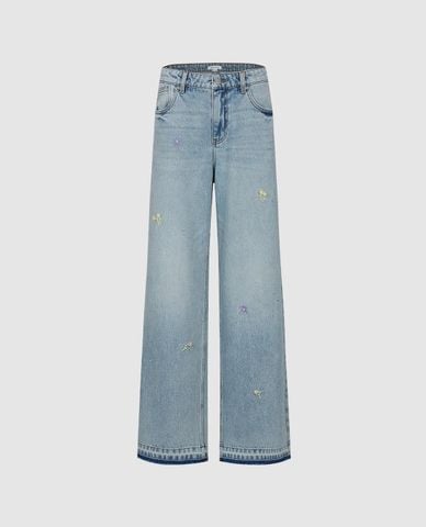  URBAN REVIVO - Quần jeans nữ ống rộng thêu hoa 