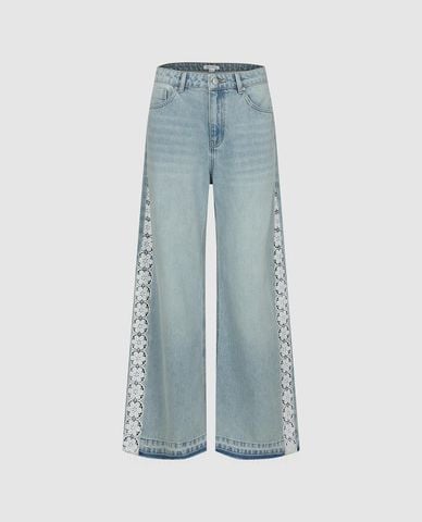  URBAN REVIVO - Quần jeans nữ ống rộng phối viền ren 