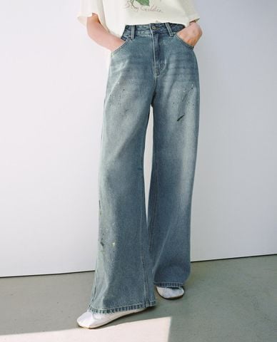  URBAN REVIVO - Quần jeans nữ ống rộng wash bạc 