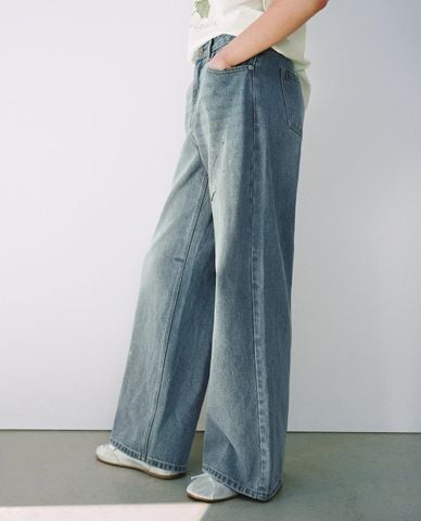  URBAN REVIVO - Quần jeans nữ ống rộng wash bạc 