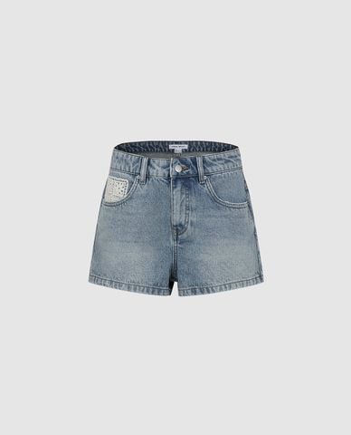  URBAN REVIVO - Quần short jeans nữ phối túi đắp ren 
