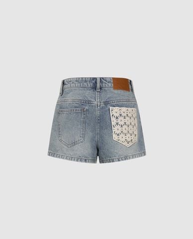  URBAN REVIVO - Quần short jeans nữ phối túi đắp ren 
