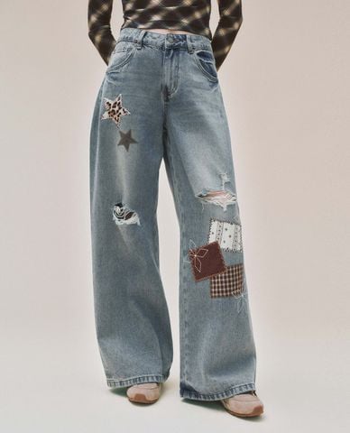  URBAN REVIVO - Quần jeans nữ ống rộng rách gối 