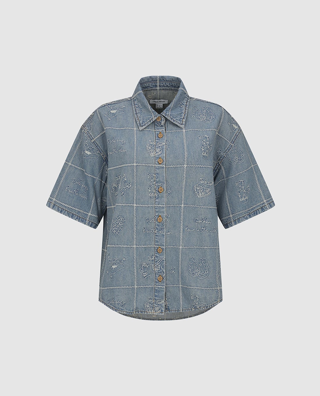 URBAN REVIVO - Áo sơ mi denim nữ tay ngắn thêu họa tiết