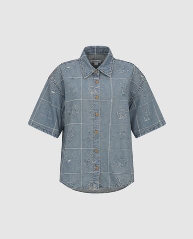  URBAN REVIVO - Áo sơ mi denim nữ tay ngắn thêu họa tiết 