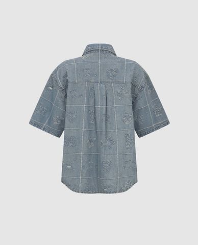  URBAN REVIVO - Áo sơ mi denim nữ tay ngắn thêu họa tiết 