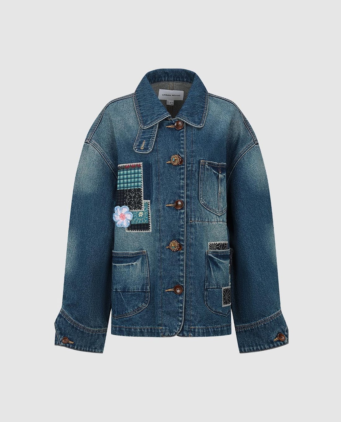URBAN REVIVO - Áo khoác denim nữ tay dài phối patchwork