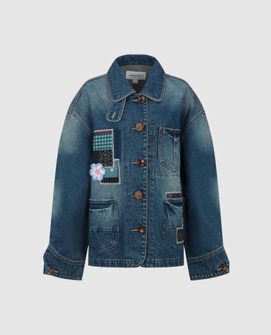  URBAN REVIVO - Áo khoác denim nữ tay dài phối patchwork 