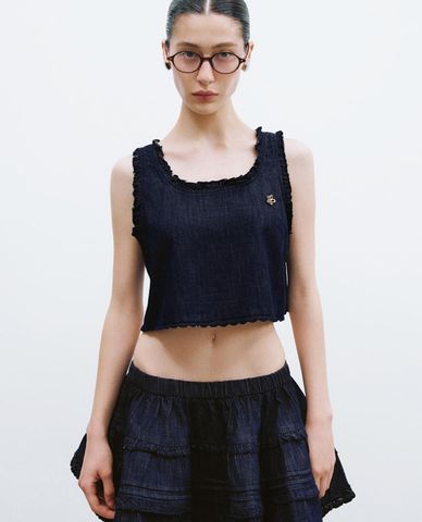  URBAN REVIVO - Áo croptop nữ denim phối bèo 