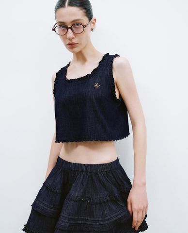  URBAN REVIVO - Áo croptop nữ denim phối bèo 
