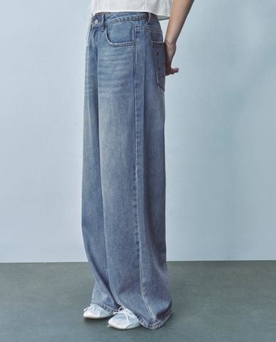  URBAN REVIVO - Quần jeans nữ ống rộng wash bạc 