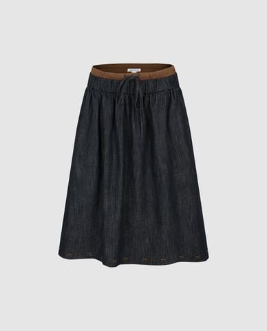  URBAN REVIVO - Chân váy denim midi lưng thun phối dây rút 