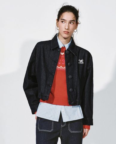  URBAN REVIVO - Áo khoác denim nữ cổ bẻ tay dài phom croptop 