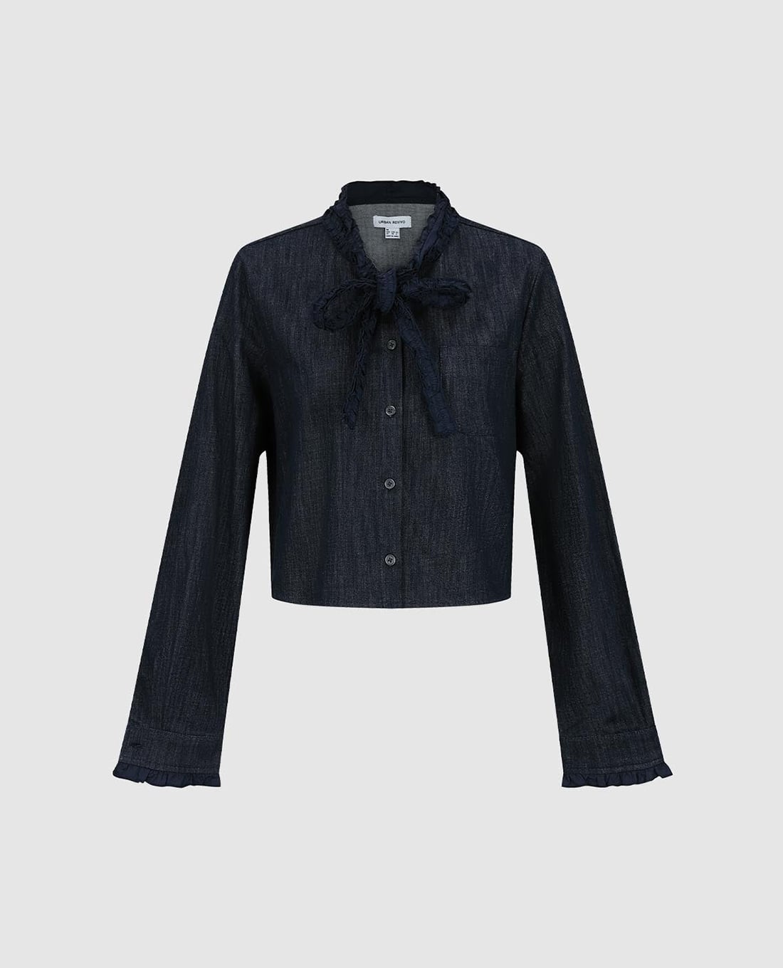 URBAN REVIVO - Áo sơ mi denim nữ cổ nơ tay dài phối bèo