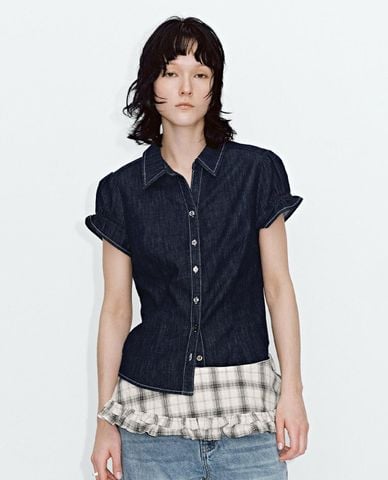 URBAN REVIVO - Áo sơ mi denim nữ cổ bẻ tay phồng 