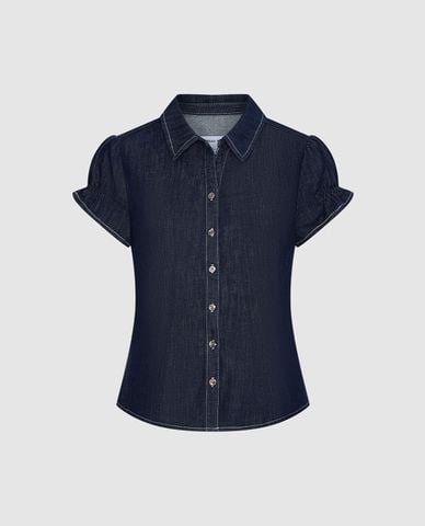  URBAN REVIVO - Áo sơ mi denim nữ cổ bẻ tay phồng 