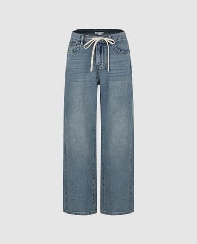  URBAN REVIVO - Quần jeans nữ ống rộng phối dây rút 