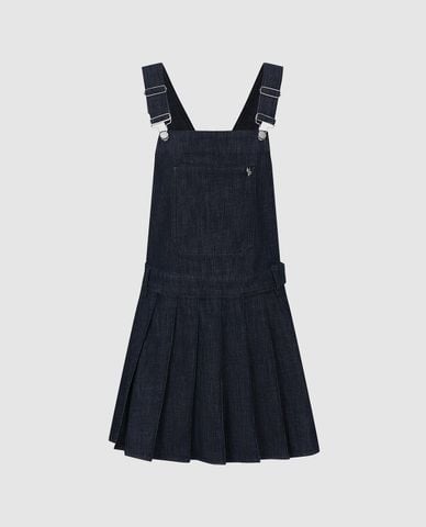  URBAN REVIVO - Đầm yếm denim mini xếp li dáng xòe 