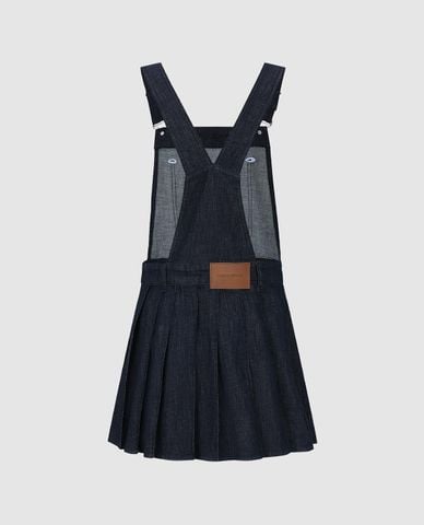  URBAN REVIVO - Đầm yếm denim mini xếp li dáng xòe 