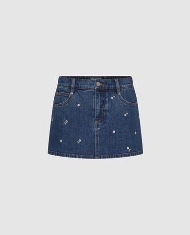  URBAN REVIVO - Chân váy denim mini thêu hoa 
